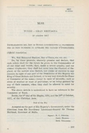 XLVI Tunisi - Gran Bretagna 19 ottobre 1817