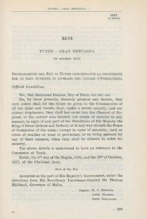 XLVI Tunisi - Gran Bretagna 19 ottobre 1817
