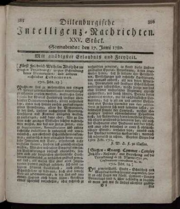 XXV. Stück. Sonnabends : den 17. Junii 1780.