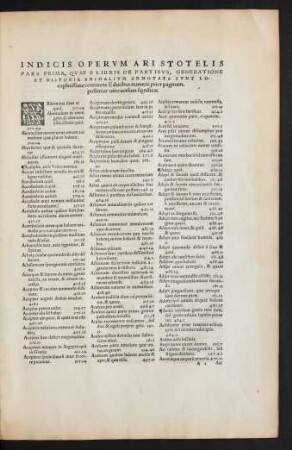 Indicis Operum Aristotelis Pars Prima, Quae E Libris De Partibus, Generatione Et Historia Animalium Annotata Sunt Locupletissime continens ...