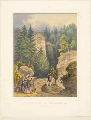 Das Schweizerhaus an der Bastei in der Sächsischen Schweiz, Blick vom Ferdinandstein aus