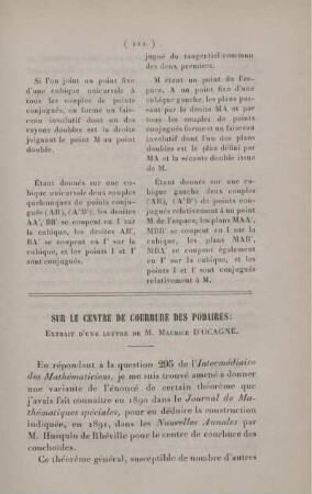 Sur le centre de courbure des podaires. Extrait d'une lettre.