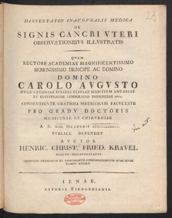 Dissertatio Inauguralis Medica De Signis Cancri Uteri Observationibus Illustratis