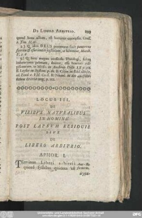Locus III. De Viribus Naturalibus In Homine Post Lapsum Residuis. Dive De Libero Arbitrio.