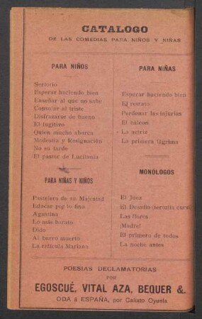 Catálogo de las comedias para niños y niñas