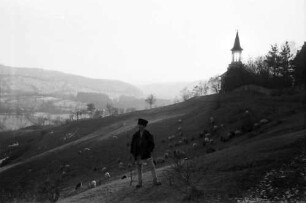 Campulung: Hügelkette mit weidenden Schafen, Hintergrund Kirche, Vordergrund Schäfer