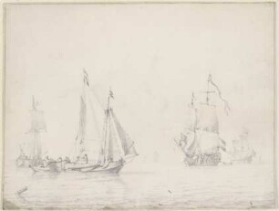 Links drei Barken, rechts zwei größere Schiffe unter vollen Segeln