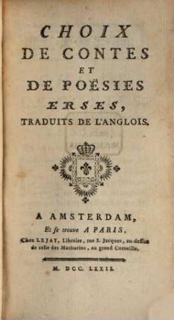 Choix De Contes Et Poesies Erses : Traduits De L'Anglois. 1