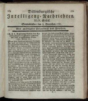 XLIX. Stück. Sonnabends: den 8. December 1781.