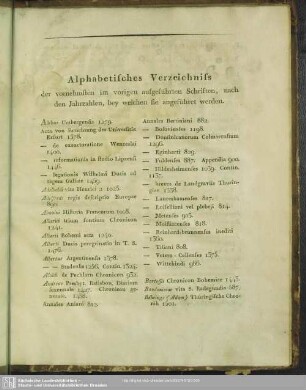 Alphabetisches Verzeichniss der vornehmsten im vorigen aufgeführten Schriften, nach den Jahrzahlen, bey welchen sie angeführet werden