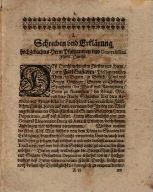 Drey unterschiedliche Schreiben zwischen Dem Durchlauchtigsten Fürsten und Herrn Herrn Carl Gustav Pfaltzgraven bey Rhein ... an einem; Und dann Derer Chur-Fürsten und Stände bey denen zu Nürnberg angestellten Executions-Tractaten anwesenden Gesandten andern Theils gewechselt Wegen deß angesonnenen Temperaments für Franckenthal Homburg Landstul und Hammerstein