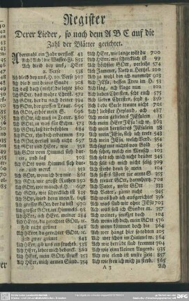 Register Derer Lieder, so nach dem ABC auf die Zahl der Blätter gerichtet