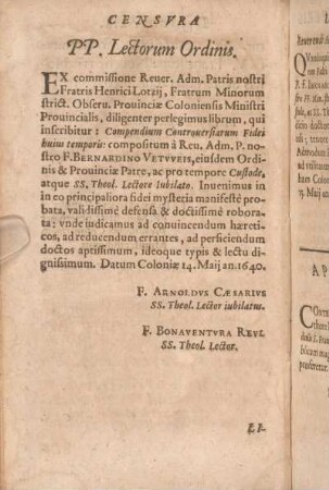 Censvra PP. Lectorum Ordinis.