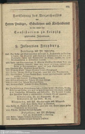 Fortsetzung des Verzeichnisses der Herren Prediger, Schullehrer und Kirchendiener in den unter das Consistorium zu Leipzig gehörenden Inspectionen