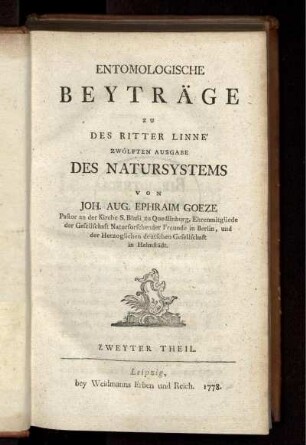 T. 2: Entomologische Beyträge zu des Ritter Linné zwölften Ausgabe des Natursystems. Th. 2