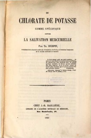 Du Chlorate de Potasse comme spécifique contre la salivation mercurielle