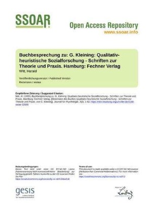 Buchbesprechung zu: G. Kleining: Qualitativ-heuristische Sozialforschung - Schriften zur Theorie und Praxis. Hamburg: Fechner Verlag