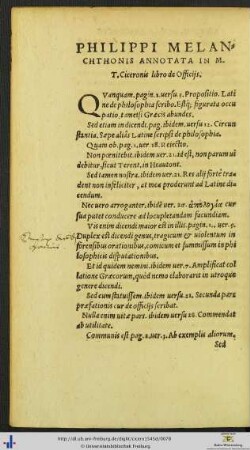 Philippi Melanchthonis Annotata in Marci Tullii Ciceronis libris de Officijs