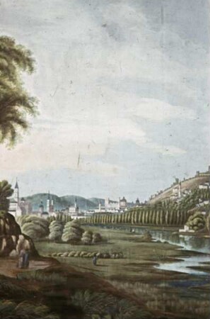 Stadtansicht in einer Flußlandschaft