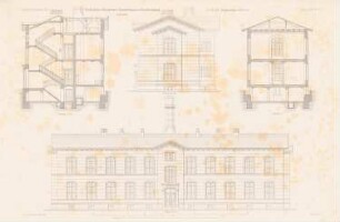 Städtisches Allgemeines Krankenhaus, Berlin-Friedrichshain: Ansicht von der Hauptseite, Seitenansicht, Schnitte Isoliergebäude (aus: Atlas zur Zeitschrift für Bauwesen, hrsg. v. G. Erbkam, Jg. 25, 1875)