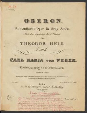 Oberon : Romantische Oper in drey Acten ; Nach dem Englischen des J. Planché von Theodor Hell