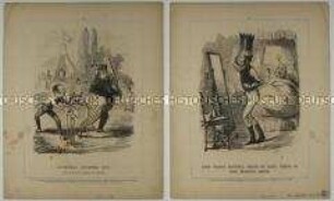 Karikaturen aus dem "Punch" auf die Irlandförderung und den schwindenden Einfluss Daniel O'Connells sowie auf die Eisenbahnspekulationen und die Ablösung von George Hudson durch Lord Bentinck als "The Railway King" - Blatt 55-56