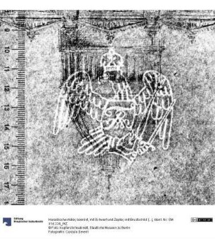 Heraldischer Adler, bekrönt, mit Schwert und Zepter, mit Brustschild: [...]