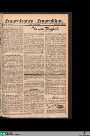 Der Volksfreund : Tageszeitung für das werktätige Volk Mittelbadens, Frauenfragen / Frauenschutz