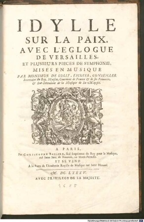 IDYLLE SUR LA PAIX, AVEC L'EGLOGUE DE VERSAILLES, ET PLUSIEURS PIECES DE SYMPHONIE