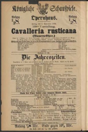 [Theaterzettel] : Freitag, den 2. September 1892. 168ste Vorstellung
