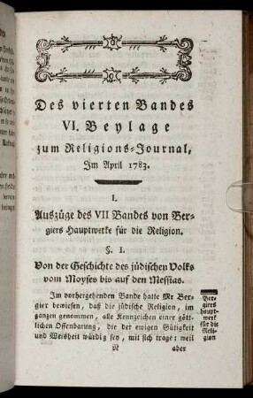 Des vierten Bandes VI. Beylage zum Religions-Journal, Im April 1783