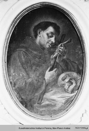 Franziskus mit Buch, Kruzifix und Totenkopf