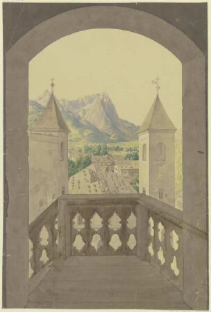 Holzaltan mit Treppe, Aussicht auf ein Tiroler Dorf, in der Ferne Schneeberge