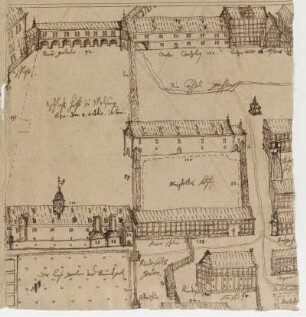 Melsungen, Schlosshof und Kasseler Gasse mit Entwurf für eine Kanzlei