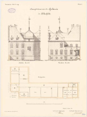 Hauptsteueramt, Elberfeld: Grundriss Dachgeschoss, Aufriss Nordansicht, Südansicht 1:100