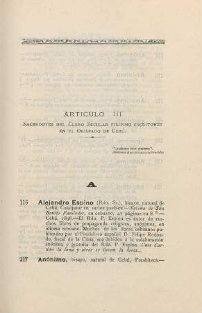 Artículo III. Sacerdotes del clero secular filipino escritores en el obispado de Cebú