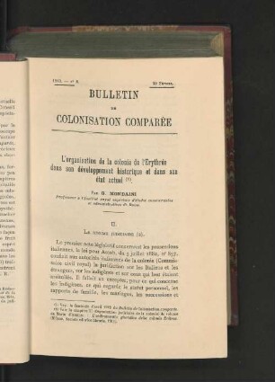 L'Organisation De La Colonie De L'Erythrée Dans Son Développement Historique Et Dans Son État Actuel.