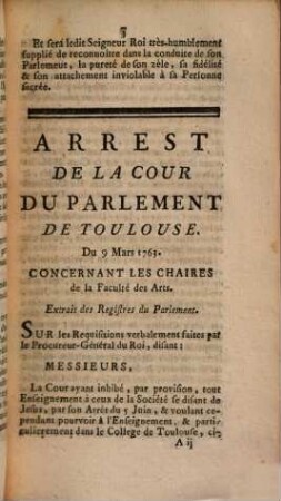 Arresté Du Parlement De Toulouse : Au sujet de l'Edit donná à Versailles au mois de Mars 1762, concernant les ci-devant se disans Jésuites. Du 28 Février 1763.