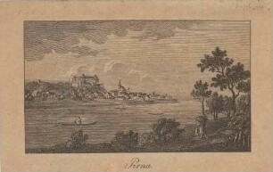 Stadtansicht von Pirna mit dem Sonnenstein und der Marienkirche von Nordosten über die Elbe