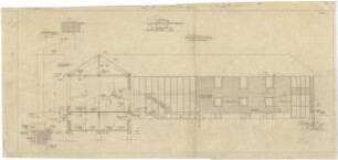 Gsaenger, Gustav; Coburg (Bayern), Untere Realschulstr.; Ev. Gemeindehaus - Gemeindesaal, Westseite u. Saalbau (Ansicht, Schnitt)