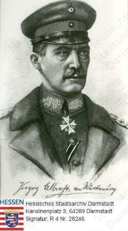 Albrecht Herzog v. Württemberg (1865-1939) / Porträt in Uniform, linksblickendes und -gewandtes Brustbild mit faks. Unterschrift