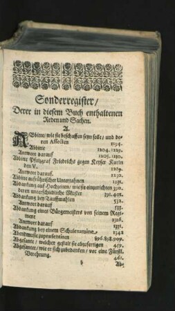 Sonderregister/ Derer in diesem Buch enthaltenen Reden und Sachen.