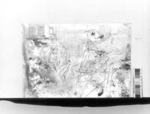 Konstruktives Ensemble mit Selbstporträt, Fisch und Kutter : Konstruktives Ensemble mit Selbstporträt, Fisch und Kutter. Bleistiftzeichnung auf aquarelliertem Grund; 38,2 x 55,2 cm. 1983