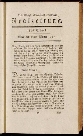 2tes Stück. Wien den 16ten Jänner 1773.