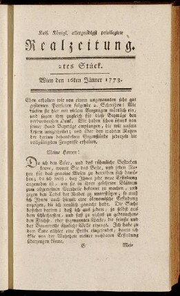 2tes Stück. Wien den 16ten Jänner 1773.