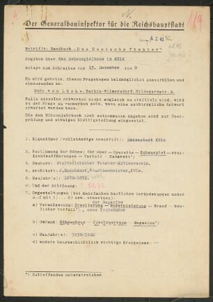 Schauspielhaus, Köln: Fragebogen für das Handbuch »Das Deutsche Theater«, vierseitiges Dokument