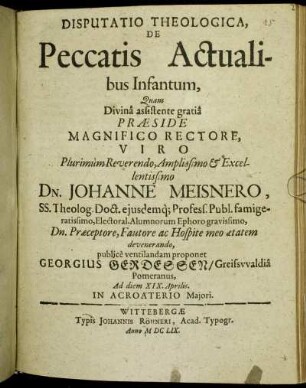 Disputatio Theologica, De Peccatis Actualibus Infantum