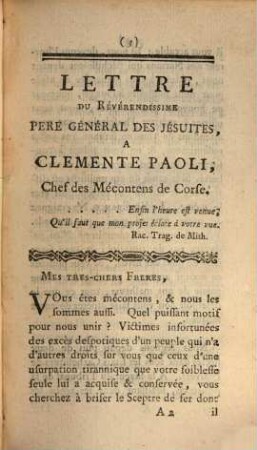 Lettre écrite de Rome par le révérendissime père général des Jésuites, à Clemente Paoli, chef des mécontens de Corse : Réponse de Clemente Paoli, et apothéose du père Malagrida Jésuite, un des conspirateurs de Portugal ; Poème, par il Signor Jean-Luc Poggi, ...