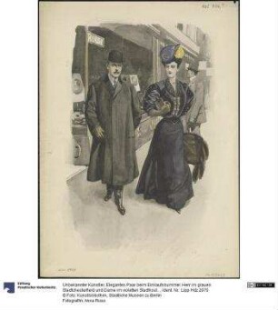 Elegantes Paar beim Einkaufsbummel: Herr im grauen Stadtchesterfield und Dame im violetten Stadtkostüm