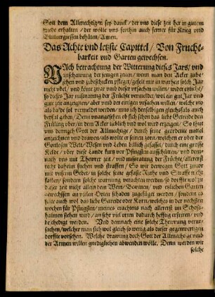 Das Achte und letzste Capittel/ Von Fruchtbarkeit und Garten gewechsen.